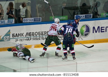 NOVOSIBIRSK - SEPTEMBER 26:  Ice hockey, the game between Siberia and AK Bars Jarkko Immonen forward (Ak Bars), which fell after the fight for the puck on September 26, 2011, Novosibirsk Russia