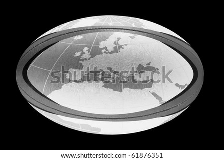 Rugby ball with a world map drawn on it.