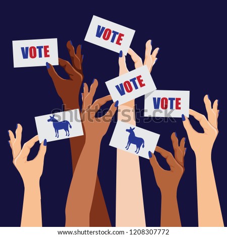 Multicultural women voting Democratic. Female hands holding up cards that say vote. Democratic donkey. EPS10 vector illustration.