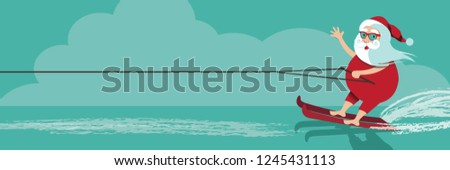 Cartoon Santa Claus water skiing. Eps10 vector illustration.