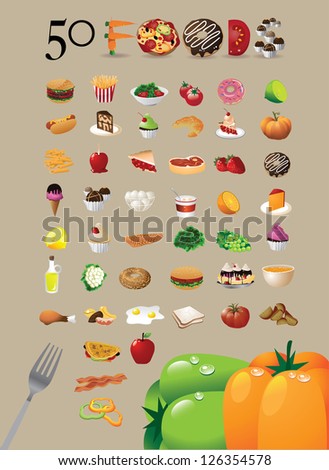 50 Food Icon Symbol Set EPS 8 vector grouped for easy editing. No open shapes or paths.