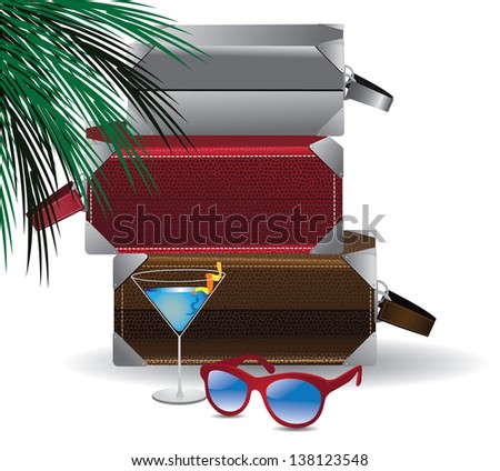 Suitcases with palm fronds, sunglasses and martini. jpg