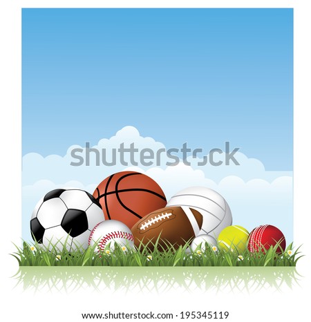 Sports balls in the grass. EPS 10 vector.