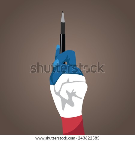 Red white and blue hand holding up pen EPS 10 vector stock illustration