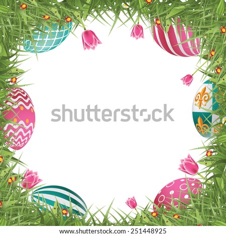 Happy Easter egg hunt frame with grass and tulips  royalty free stock illustration for greeting card, ad, promotion, poster, flier, blog, article