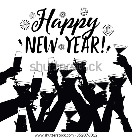 Crowd Of Hands Toasting Happy New Year Eps 10 Vector Black And White ...