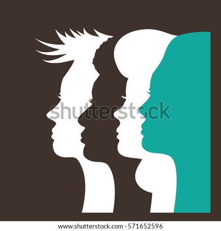 Silhouettes of four multicultural women. Profiles of women looking forward in solidarity. EPS 10 vector.