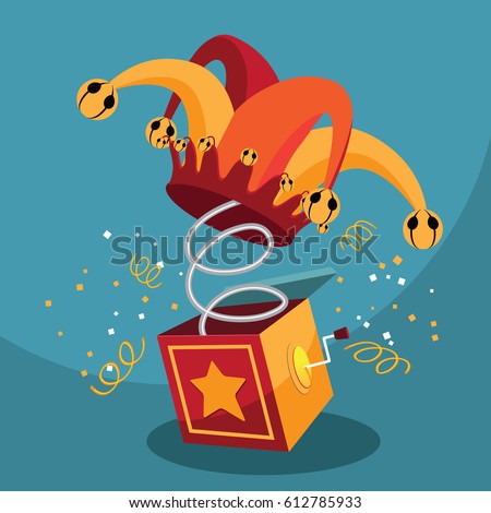 Jack in the Box with confetti, jester hat and laughing emoticon. EPS 10 vector.
