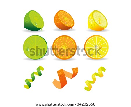 Citrus fruits icons Lemon, lime and orange halves, slices and zest.