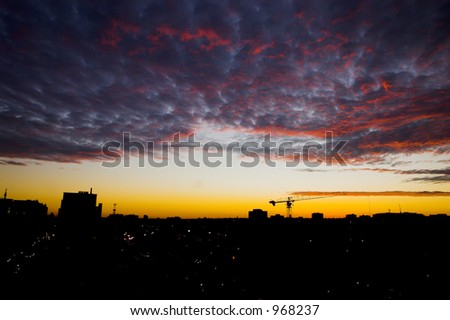 Dramatic purple urban sunset