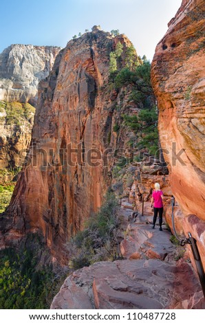 Female hiking Angel\'s landing Zion National Park model Bodil Joranli
