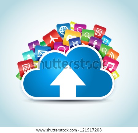 This image represents a cloud upload with apps illustration. / Cloud Apps