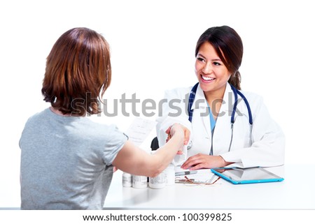 Chinese medical doctor woman with patient. Isolated on white background.
