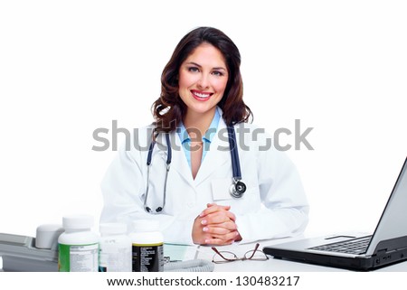 Medical doctor woman with laptop computer. Health care.