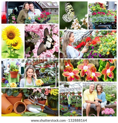 Gardening people with flowers and plants. Collage background.