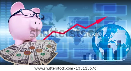 Piggy bank with money. Saving account concept background.