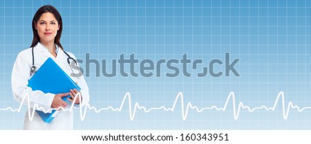Healthcare background. Smiling friendly medical doctor woman.