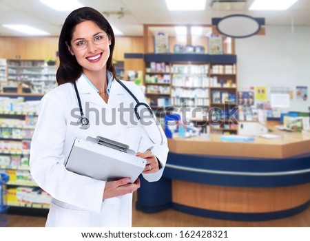 Pharmacist woman. Health care background.