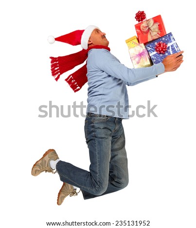 Happy running man with Xmas gifts isolated white background