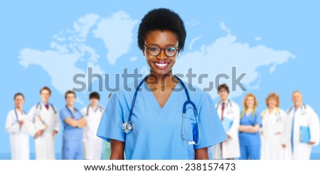 African-American black doctor woman over blue background.
