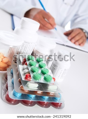 Doctor writing medical prescription. Health care Pharmaceutical background