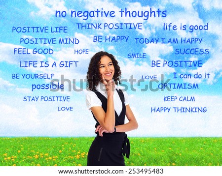 Positive thinking girl over abstract background. Positivity concept design.