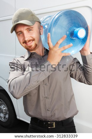 Water delivery service man with big bottle.