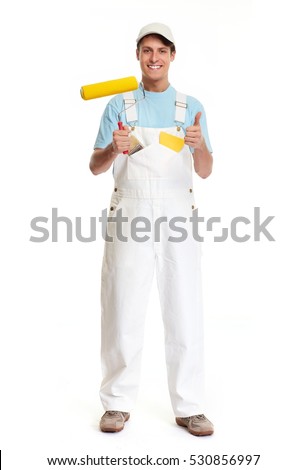 Similar – Image, Stock Photo painter stands with paint roller on a ladder to paint the corner of a room window with white color. do it yourself concept image