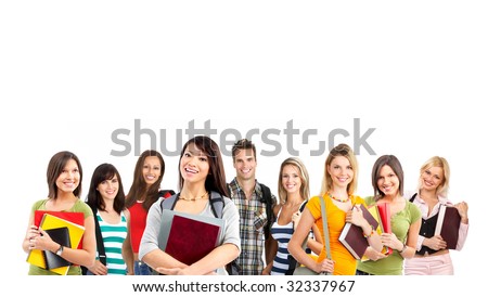 Large group of smiling  students. Over white background