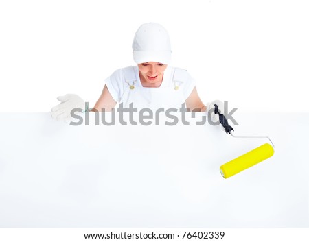 Smiling painter woman in white uniform. Isolated over white background