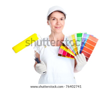 Smiling painter woman in white uniform. Isolated over white background
