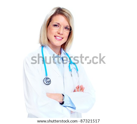 Smiling medical doctor woman. Isolated over white background.