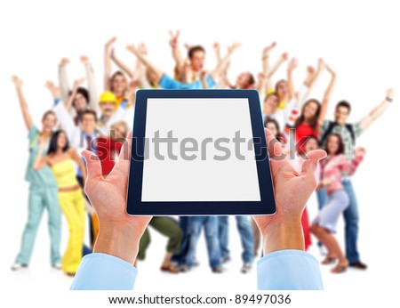 Tablet computer and group of happy people. Party holiday. Isolated on white background.