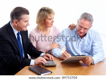 Senior couple with financial adviser. Isolated on white background.