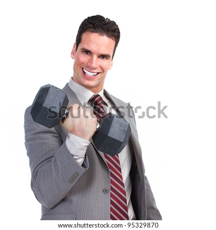 Happy strong Businessman with dumbbell. Isolated over white background.