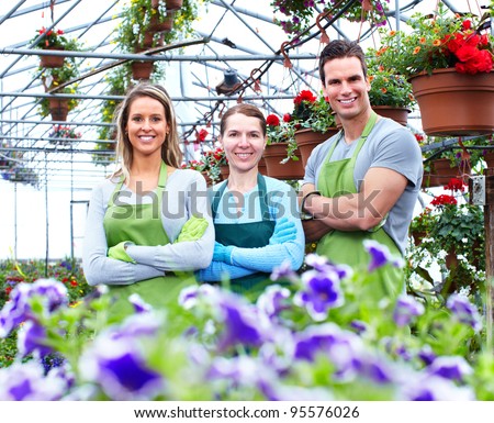 Florists group working with flowers at a greenhouse.