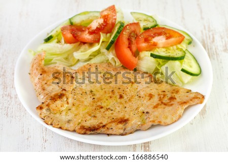 fried turkey with salad on plate