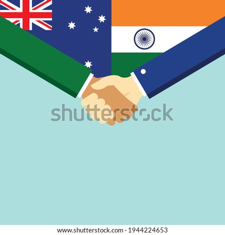 The handshake and two flags Australia and India. Flat style vector illustration.