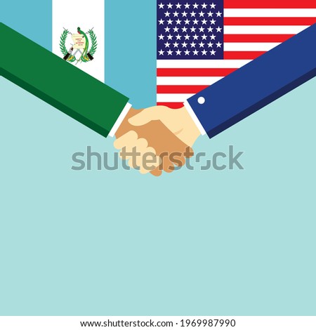 The handshake and two flags Guatemala and USA. Flat style vector illustration.