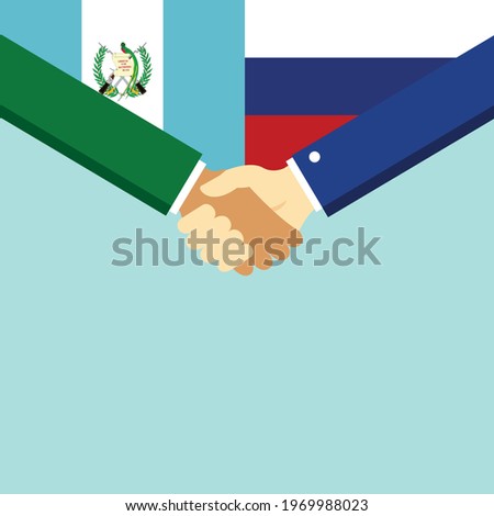 The handshake and two flags Guatemala and Russia. Flat style vector illustration.