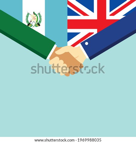 The handshake and two flags Guatemala and United Kingdom. Flat style vector illustration.