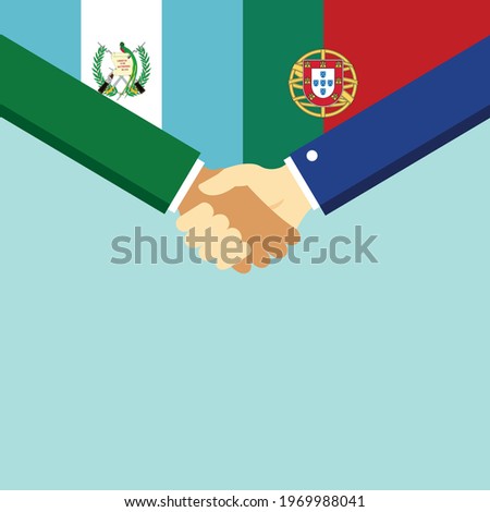 The handshake and two flags Guatemala and Portugal. Flat style vector illustration.