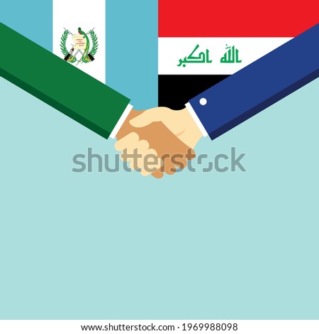 The handshake and two flags Guatemala and Iraq. Flat style vector illustration.