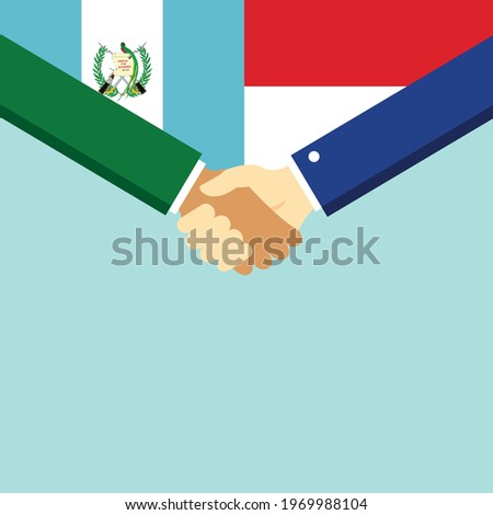 The handshake and two flags Guatemala and Indonesia. Flat style vector illustration.