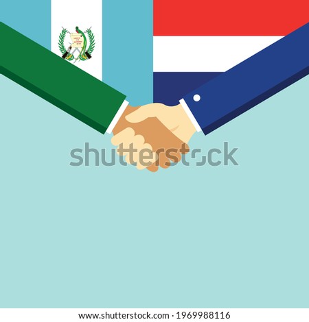 The handshake and two flags Guatemala and Holland. Flat style vector illustration.
