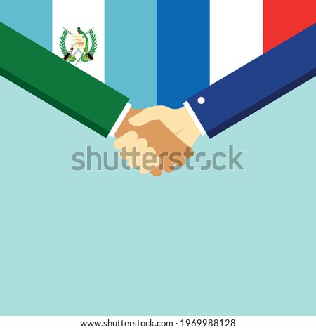 The handshake and two flags Guatemala and France. Flat style vector illustration.