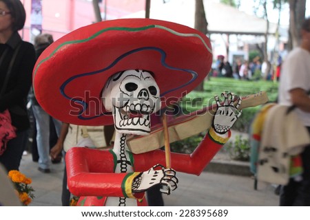 MEXICO CITY, NOV 02: Figures of skeletons of the Day of the Dead, Coyoacan, Mexico, 02 November 2014. The Day of the Dead is one of the most popular holidays in Mexico