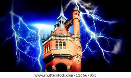 Halloween castle with huge lightning