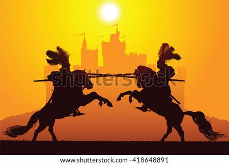 Two equestrian knights with the castle on the background
