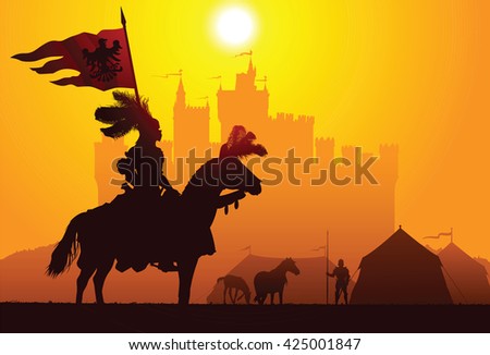 Equestrian knight with the castle on the background